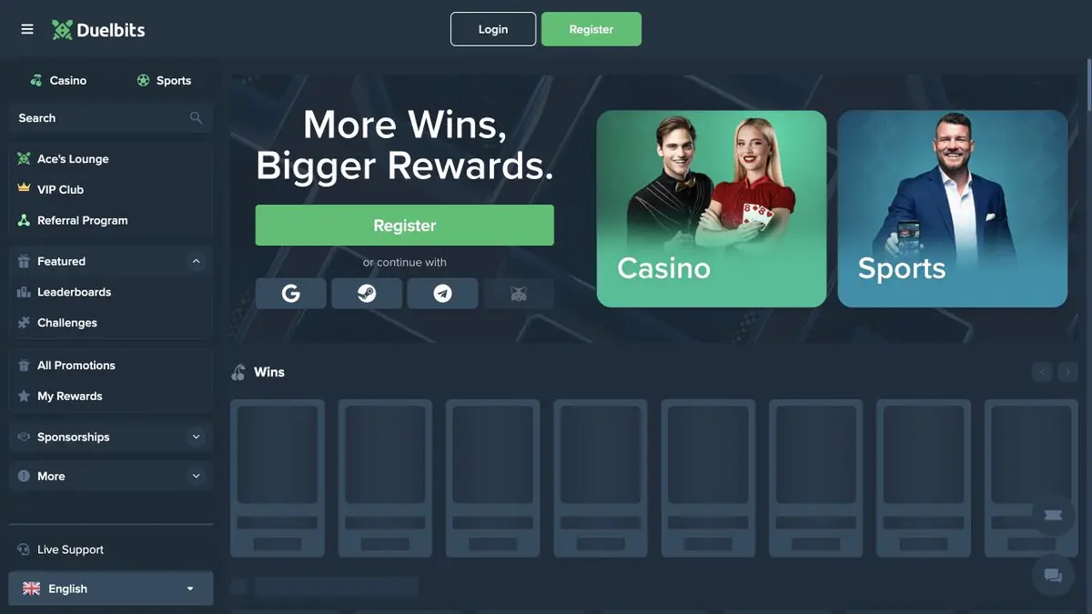 Duelbits brugerflade og casinospil