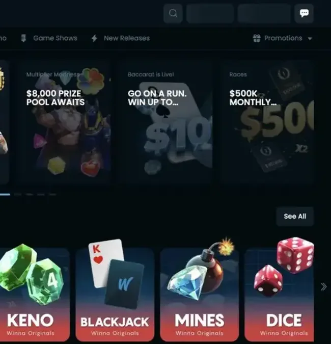 Winna kasse, spil eller kontofunktioner